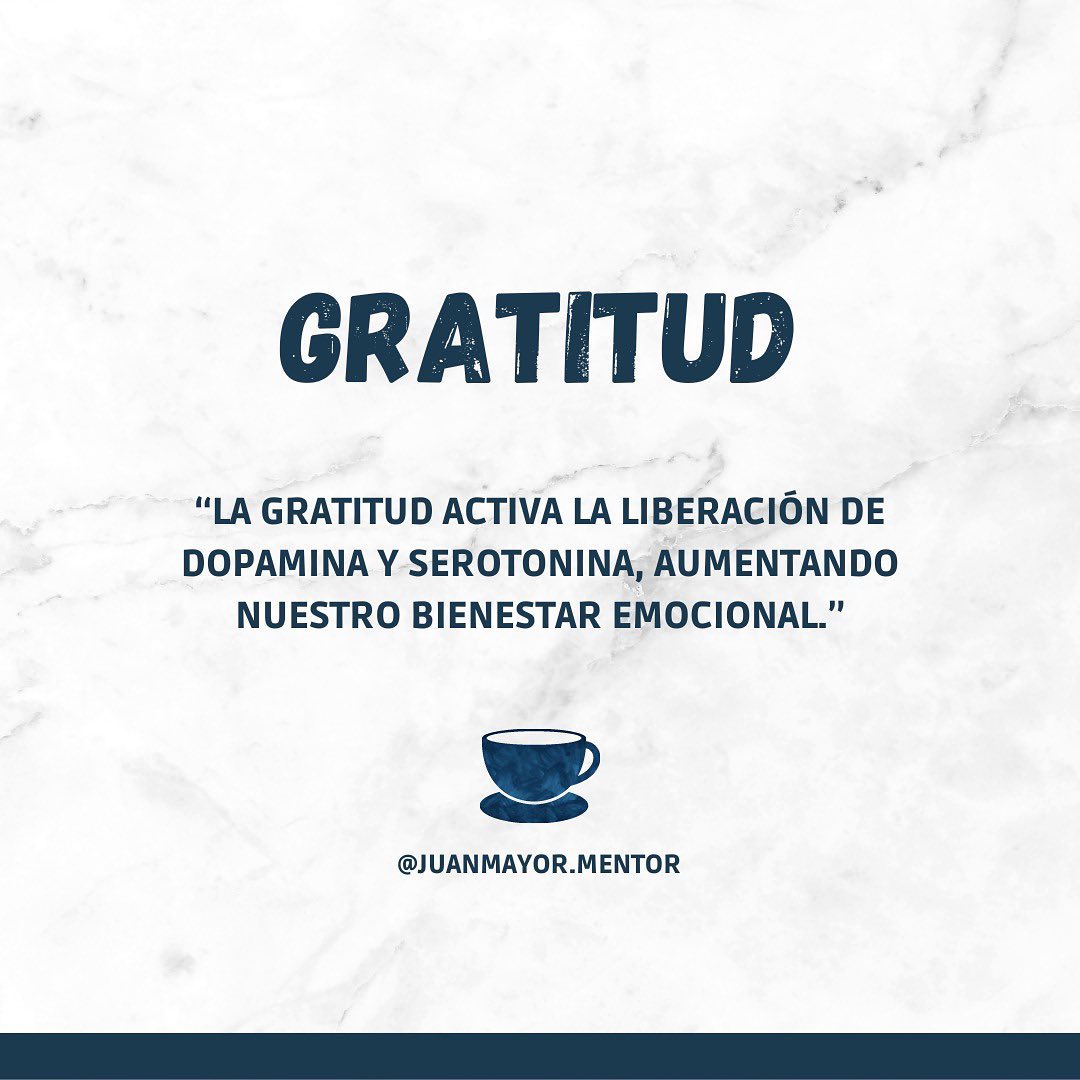 La gratitud es una actitud poderosa que nos hace sentir bien. Tiene un impacto positivo en nuestro cerebro al aumentar la producción de neurotransmisores como la dopamina y la serotonina, mejorando nuestro bienestar emocional y nuestra capacidad para enfrentar los desafíos de la vida.

Que este domingo sea un día de descanso y renovación para que la semana comience con energía y motivación. ¡Feliz domingo para todos!

#frases #tazadiariadereflexion #reflexion #psicologia #gratitud #reflexion #neurotransmisores #coach #mentora #mentor #psicologo